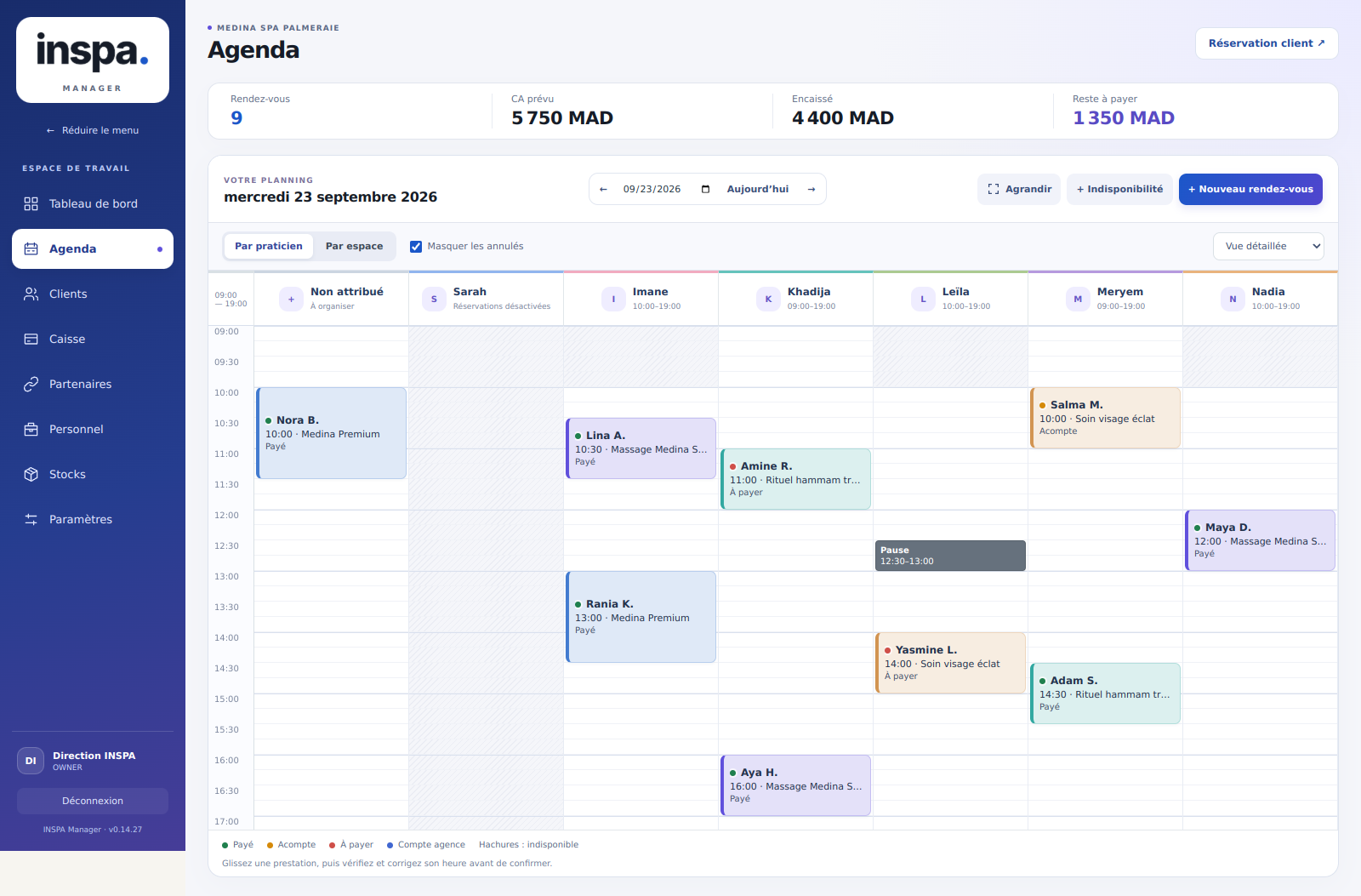 L’agenda INSPA, avec les rendez-vous répartis par praticien et les statuts de paiement