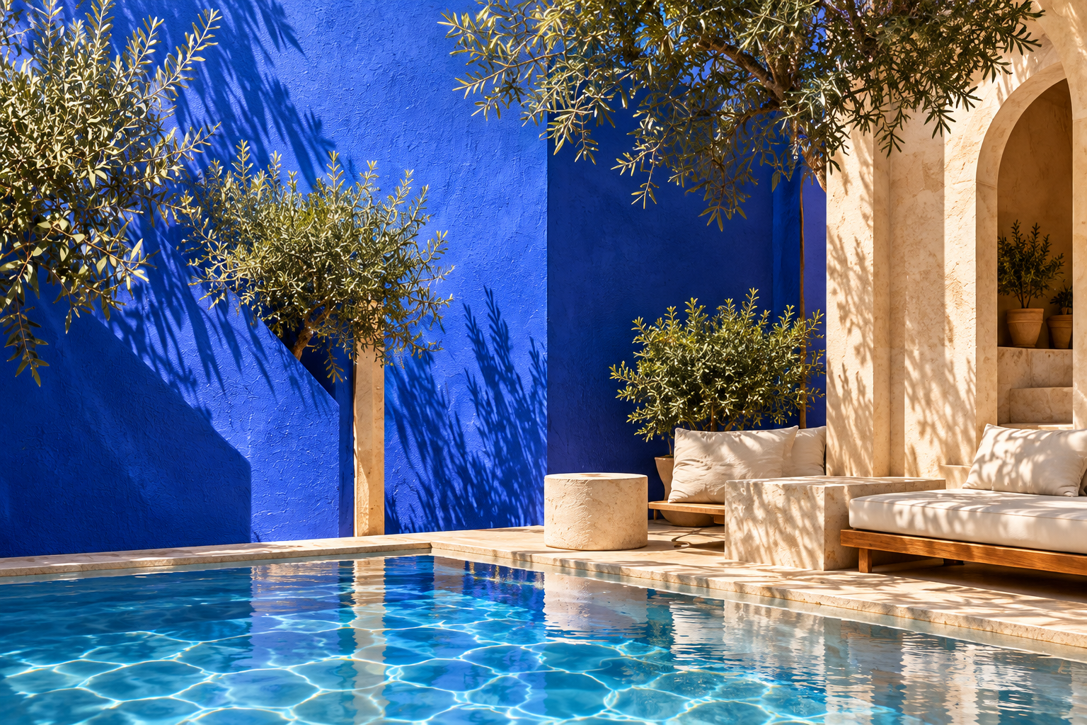 Ambiance inspirée des spas marocains, entre bleu Majorelle, eau et lumière