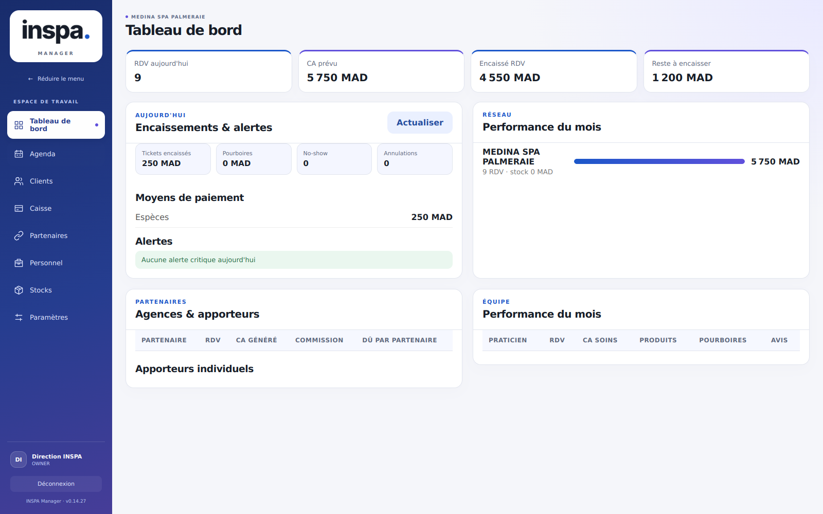 Tableau de bord INSPA avec les indicateurs d’activité et les alertes